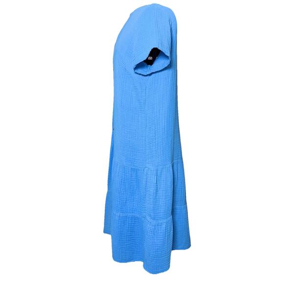 J Jill Ice Blue Small Tier Gauze Drop Waist Dress Button Midi Lagenlook Cottage - Picture 3 of 8